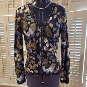 Peruvian Connection Pima Floral Dark Gray V-neck Cardigan Sweater Size SP